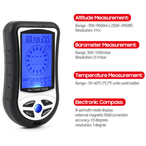 Altimètre Multifonction FR500 – Baromètre, Boussole, Thermomètre, Hygromètre, Lampe LED – IPX4, Rechargeable, Pour Rando, Escalade, Camping
