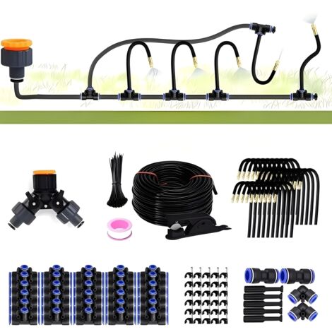 Kit d'irrigation goutte à goutte automatique 30 m, raccords rapides sans outil, 30 buses de pulvérisation en cuivre, jet flexible à 360° pour jardin, serre, pelouse et plantes. (1/5)