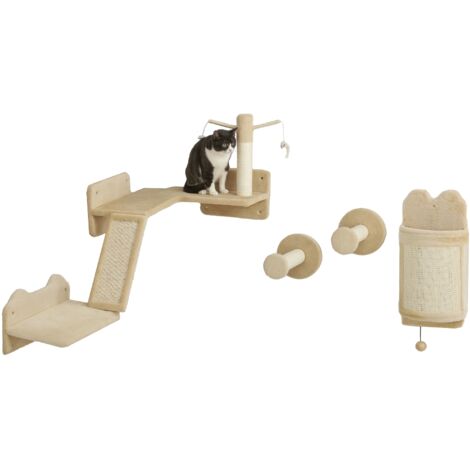Étagères murales pour chat, arbre a chat,ensemble de mobilier mural pour chat, 4 pièces, avec s d'éveil, balle, beige (1/5)