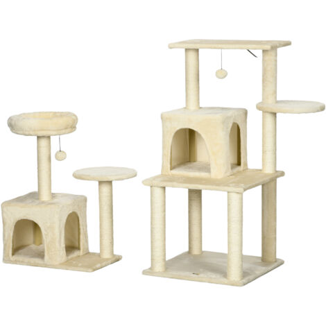 Arbre à chat, arbre à grimper, griffoir, hauteur 171 cm avec 2 niches, 6 plateformes, 2 pompons suspendus, beige (1/5)