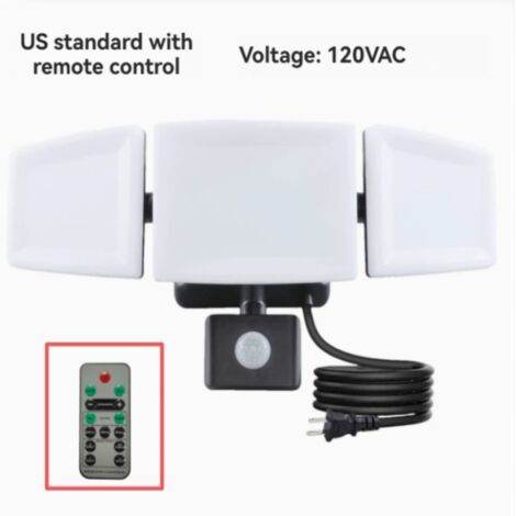 Projecteur extérieur LED 35W, 3 têtes, télécommande, détecteur de mouvement, étanche IP65, blanc, sécurité