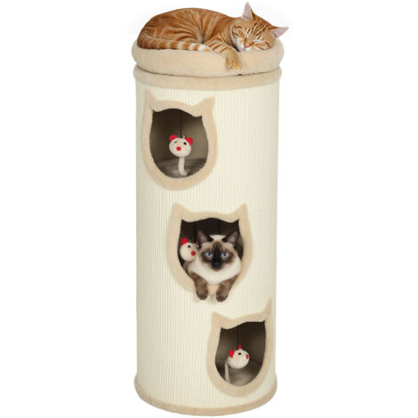 Griffoir en sisal avec bordure en peluche, 3 niveaux avec plateforme, stable, crème,arbre a chat, 38 cm de diamètre x 96 cm (1/5)