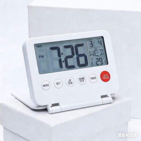 Réveil électronique multifonctionnel pratique, montre de voyage ultra,fine à clapet avec éclairage et cadran simple, blanc (1/5)