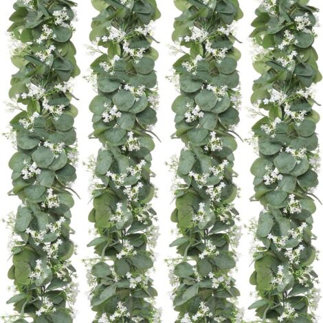 Guirlande d'eucalyptus à fleurs blanches, lot de 4, 1,80 m, feuilles d'eucalyptus argenté artificiel, fausse verdure