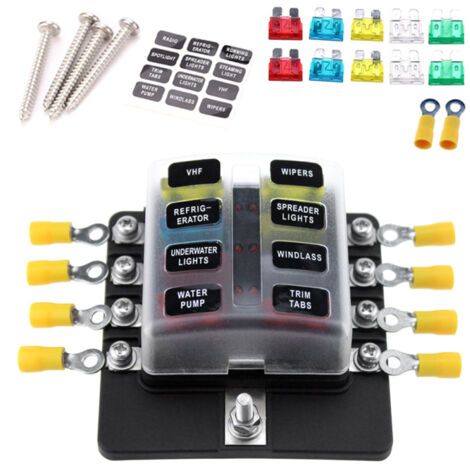 Boîte à fusibles 8 voies avec indicateur LED, 10 fusibles et 10 bornes de connexion pour voiture, bateau, caravane, camion (12 V/24 V). (1/5)