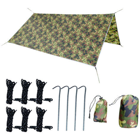 Bâche de camping 3 x 3 m (10 x 10 pi) avec toile de camouflage, imperméable, protection UV et sac de rangement pour terrasse, jardin ou cour. Idéale pour les activités en extérieur. (1/5)
