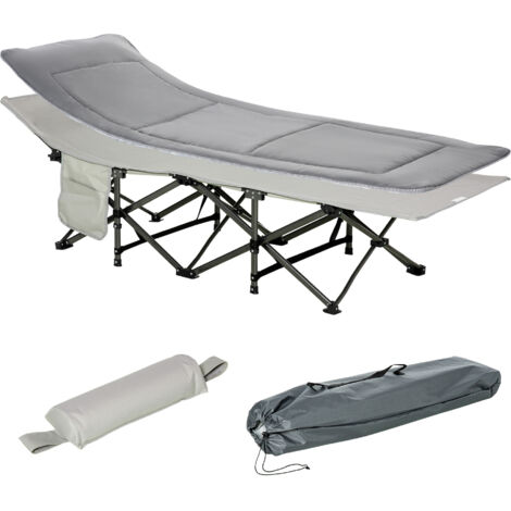 Chaise longue de camping pliante avec matelas, appui-tête, poche latérale et sac intégré, en métal et tissu Oxford, grise (1/5)