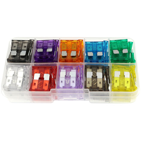Kit de 100 fusibles automobiles assortis, à lames, de tailles standard et mini (2/3/5/7,5/10/15/20/25/30/35 A), pour voitures, camping-cars, camions, motos et bateaux. (1/5)