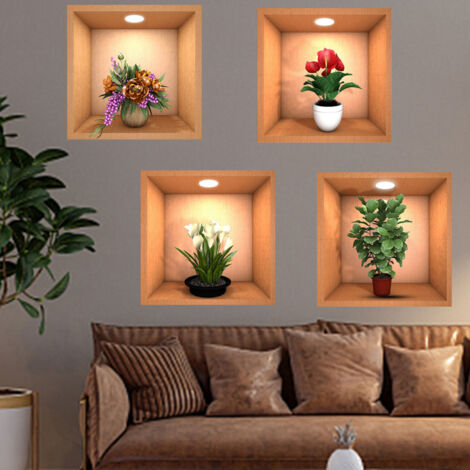 Lot de 4 stickers muraux plantes 3D vertes, décoration murale botanique créative à faire soi-même pour salon, chambre, cuisine (11,8 x 11,8 pouces) (N1076) (1/5)