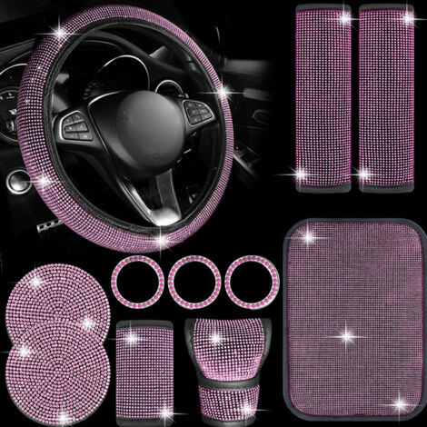 Ensemble de 11 accessoires de voiture ornés de strass, housse de volant, levier de vitesse, frein à main, ceinture de sécurité, anneaux décoratifs pour bouton de démarrage,rose (1/5)