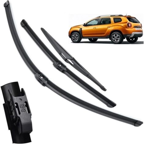 Essuie-glaces avant et arrière noirs, compatibles avec Dacia, Renault et Dastos MK2 (modèles 2017-2020). Dimensions : 61 cm x 46 cm x 30 cm. (1/5)