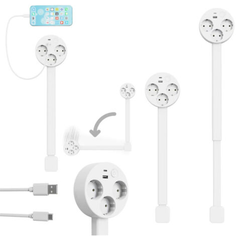 Rallonge de multiprise extensible 47,5-67,5cm rotation 180°, ports USB-A USB-C 3 prises secteur norme américaine