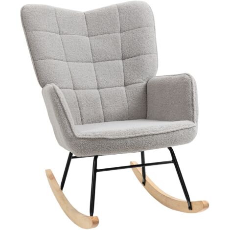 Fauteuil à bascule, revêtement en tissu bouclé, structure en acier, 71 x 98 x 101 cm, gris clair (1/5)