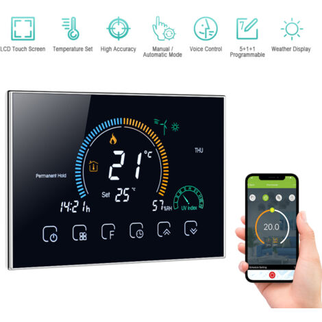 Thermostat intelligent programmable Wi-Fi 95-240V, 5+1+1 périodes, commande vocale, écran LCD, thermorégulateur chauffage eau/gaz, UV/humidité, verrouillage, compatible Echo/Google Home/Tmall Genie (1/5)