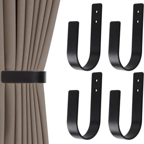 Crochet de rideau moderne en alliage d'aluminium massif, en forme de U, fixation murale, sangle de fixation pour rideau en tissu (noir) - Lot de 4 (1/5)