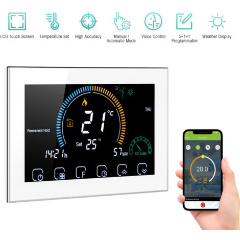 Thermostat intelligent programmable Wi-Fi 95-240V, 5+1+1 périodes, commande vocale, écran LCD rétroéclairé, thermorégulateur chauffage eau/gaz, UV/humidité, verrouillage (1/5)