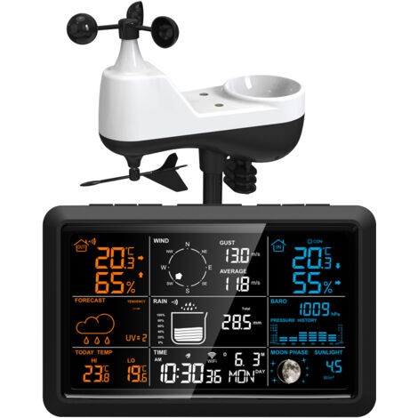 Station météo 5 en 1 sans fil intérieur/extérieur , pluviomètre, anémomètre, prévisions, humidité, température, capteur extérieur solaire, phases lunaire, ensoleillement