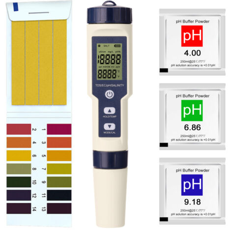 Testeur multifonction professionnel 5 en 1, pH/EC/TDS/Salinité/Thermomètre, testeur de qualité de l'eau