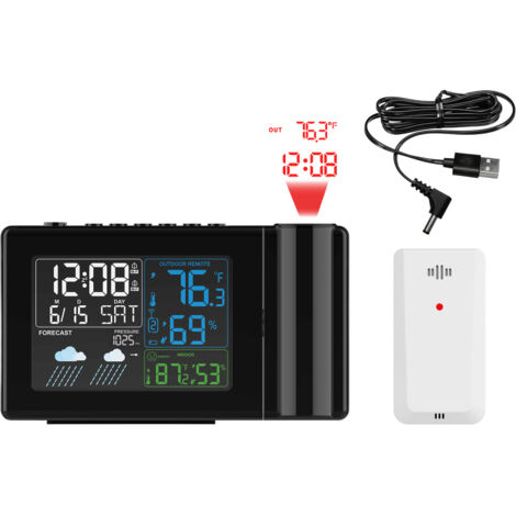 Réveil à projection avec alarme, horloge météo, thermomètre et hygromètre, horloge météo à projection avec rétroéclairage réglable, idéal pour la maison, la chambre ou le bureau. (1/5)