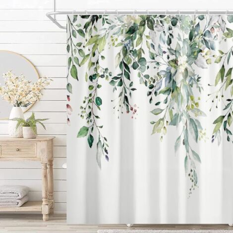 Rideau de douche en tissu imperméable à motif floral aquarelle blanc (avec 12 crochets, 183 x 183 cm) (1/5)