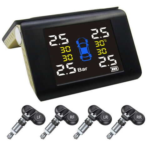 Système de surveillance de la pression des pneus sans fil solaire (TPMS) avec 4 capteurs internes et grand écran LCD.