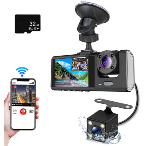 Caméra embarquée avec 3 caméras (avant et arrière), objectifs intégrés, vision nocturne 1080p + 720p + 480p, rétroviseur avec Wi-Fi intégré, carte mémoire 32 Go.