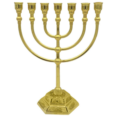 Porte-bougies Menorah 7 branches inspiré du Temple de Jérusalem et 12 tribus d'Israël, or, 17x13,5cm, 17cm de hauteur, style antique, decoration Hanoukka