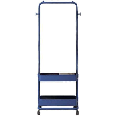 Portant 3 en 1 pour vêtements, chaussures et accessoires, avec 2 paniers à 2 niveaux et 2 crochets latéraux. Chariot de rangement mobile pour salon, chambre, dressing ou entrée. Bleu. (1/5)