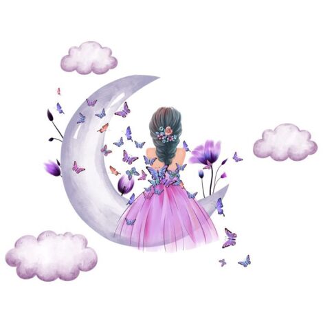 Stickers muraux aquarelle princesse lune papillons fleurs nuages pour salon chambre d'enfant, vinyle mural violet (1/5)