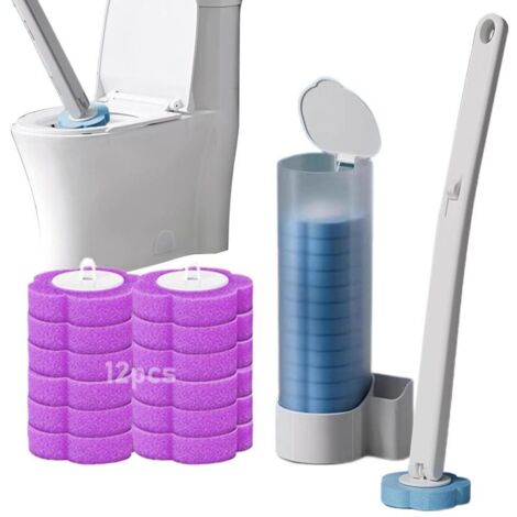 Ensemble de brosses de toilette jetables, brosse de nettoyage de salle de bain avec base blanche (brosse + 12 têtes de brosse lavande) (1/5)
