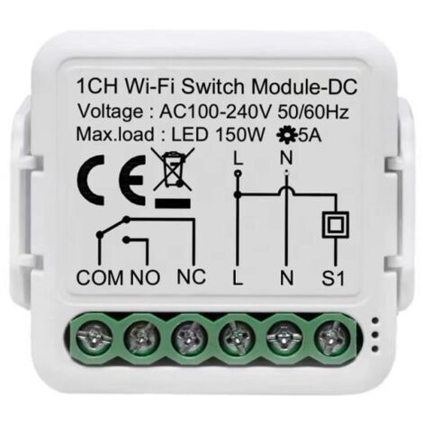 Relais WiFi 1 voie Tuya Smart Life, WiFi 2,4 GHz, PC ignifugé, AC 100-240 V, 50 W, neutre phase, protection surcharges, commande vocale manuelle (1/5)