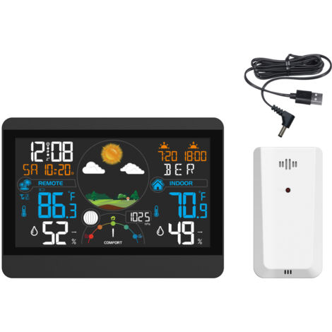 Station météo sans fil avec horloge, capteur extérieur, prévisions 5 étapes, température et humidité int/ext, phases lunaire, lever/coucher soleil, écran bureau, USB