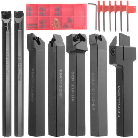Kit d'outils de tournage indexables 1/2'' 12 mm (21 pièces) : 7 porte-outils, 7 plaquettes en carbure et 7 clés pour tournage, rainurage, alésage, filetage et découpage (1/5)