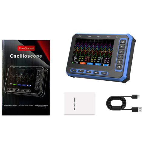 Oscilloscope numérique 5 voies, bande passante 1 MHz, fréquence d'échantillonnage 3 MSa/s, écran IPS 4,3 pouces, connexion PC USB-C, batterie intégrée, analyseur de signaux basse fréquence