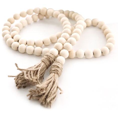 Guirlande de Perles en Bois avec Pompon en Jute – Décoration Murale Rustique et Bohème – Longueur 145 cm pour Salon, Chambre, Mariage