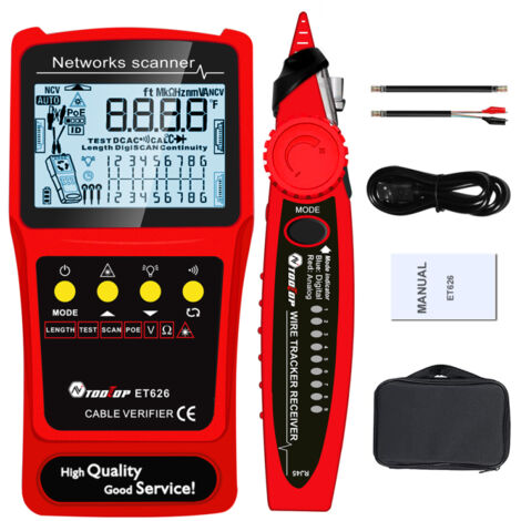 Détecteur de câbles réseau portable 2 en 1, instrument de mesure de longueur de câble, écran LCD rétroéclairé, recherche analogique et numérique, test PoE, appairage de câbles, sensibilité réglable, d