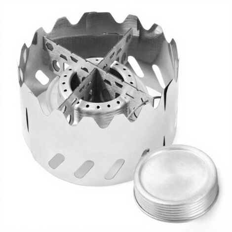 Mini réchaud de camping portable 100 ml en aluminium avec couvercle, béquille et pare-vent, idéal pour la randonnée et la survie. (1/5)