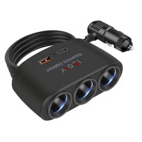 Adaptateur allume-cigare 3 en 1 avec charge rapide USB+PD 120 W et 3 prises (12-24 V) pour voiture, camion et SUV.