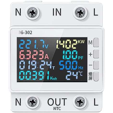 Compteur d'énergie 8 en 1 avec écran couleur, 2 broches, multifonction, voltmètre et ampèremètre, montage sur rail standard (1/5)