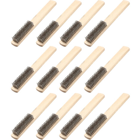 Ensemble de 12 brosses métalliques avec manche en bois, en acier inoxydable, pour le nettoyage et l'élimination de la rouille. (1/5)