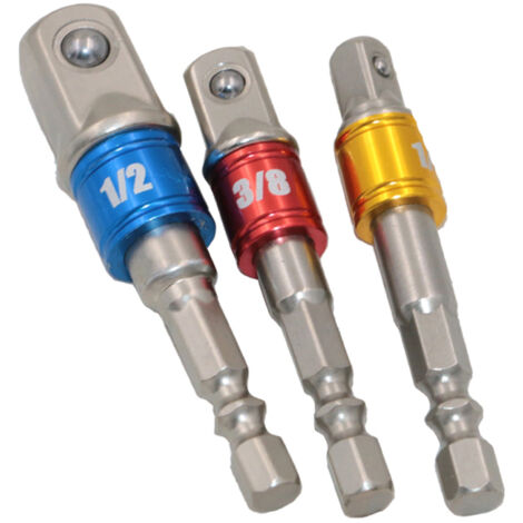 Set de 3 Adaptateurs Prise Carrée 1/4" 3/8" 1/2", Acier Chrome-Vanadium , Pour Perceuse Visseuse, Mandrin 6,4mm (1/5)