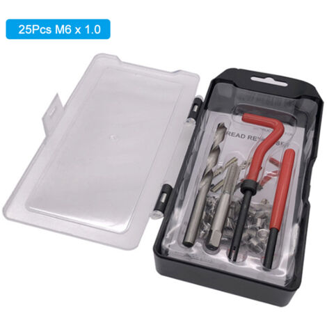 Kit de réparation de filetage M6 x 1,0 (25 pièces) compatible Helicoil pour filetages endommagés de 6 mm