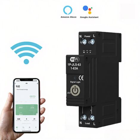 Disjoncteur intelligent WiFi Tuya 1P 63A sur rail DIN avec compteur d'énergie bidirectionnel, 3 modes de temporisation, protections multiples, contrôle à distance via application, compatible avec Goog (1/5)