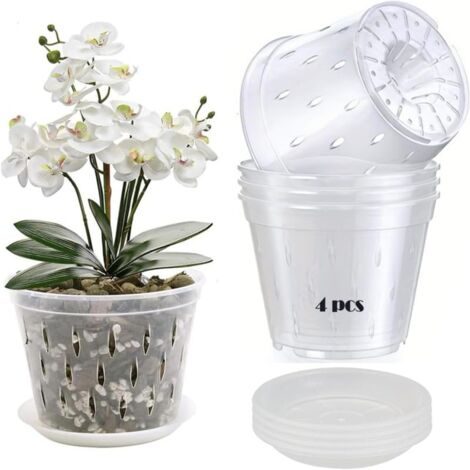 Lot de 4 pots à orchidées (12,5 cm), pots transparents avec trous et soucoupes, pots en plastique transparent respirant pour le rempotage.