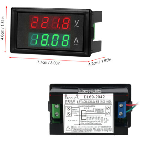 Voltmètre-ampèremètre numérique 80-300 V CA 100 A avec double affichage LED vert/rouge et transformateur de courant. (1/5)