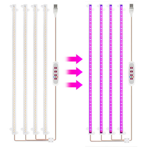 Bandes LED croissance plantes 8W – 168 LED – 5 niveaux luminosité – Minuterie 8/12/16h – 4 barres – Pour hydroponique, serre, succulentes