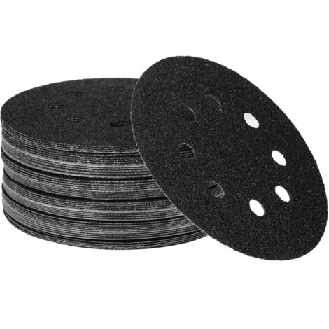 50 disques de ponçage de 125 mm (5 pouces) à 8 trous, grain 240/180/120/80/60, pour ponceuses à mouvements aléatoires. Papier de verre noir en carbure de silicium à base d'eau. (1/5)