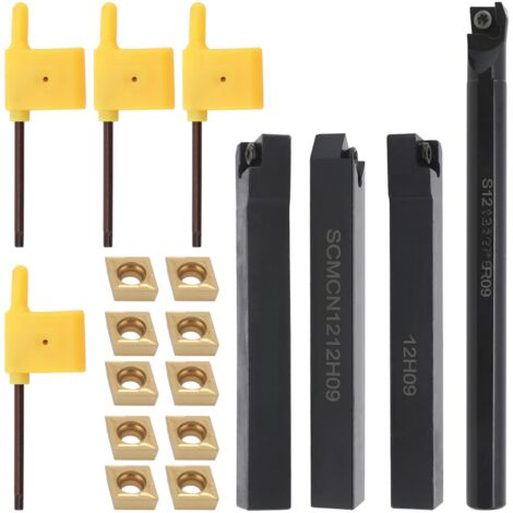 Barre d'alésage pour tour à métaux, outil de tournage indexable, jeu de 4 porte-outils avec 10 plaquettes en carbure et 4 clés pour le tournage, le rainurage, l'alésage, le filetage et le découpage. (1/5)