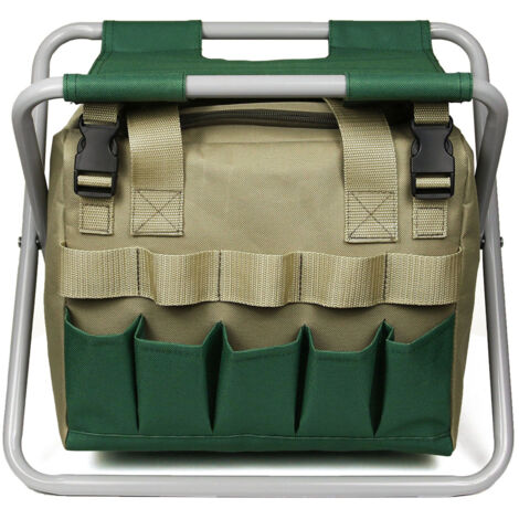 Tabouret de jardinage pliable avec sac à outils amovible, organisateur d'outils, chaises de camping pliables d'extérieur pour jardinage, tabouret avec sac de rangement (1/5)