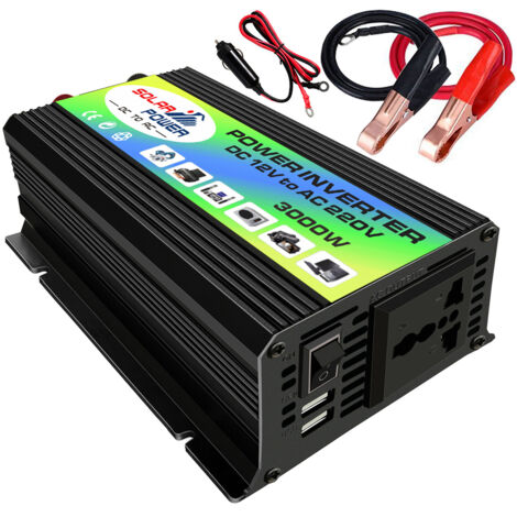 Onduleur à onde sinusoïdale modifiée Peaks Power 3000 W Onduleur haute fréquence Convertisseur DC 12 V à AC 220 V Chargeur de voiture Onduleur avec double port USB 2,1 A Pinces de batterie (1/5)